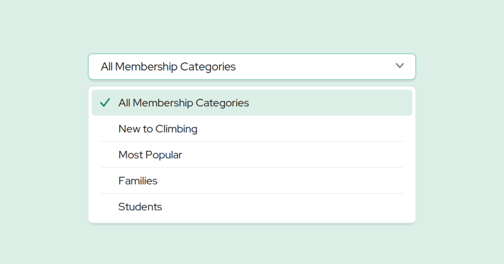 Membership catalog filter open, showing categories for new climbers, most popular, families and students