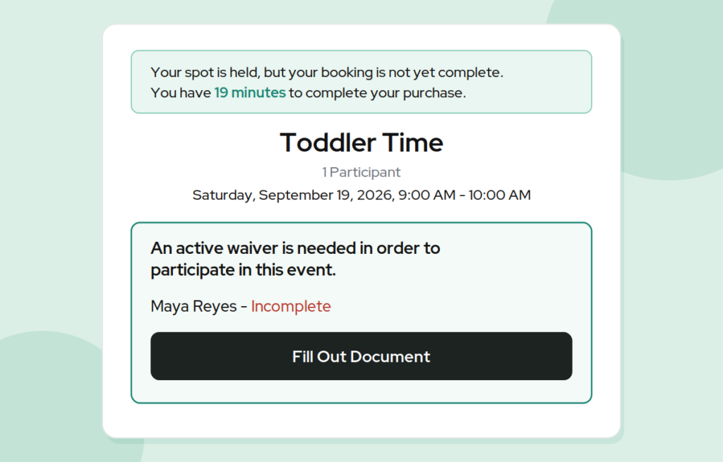 Climbing gym waivers in Capitan: event booking screen asking for an active waiver, with a Fill Out Document button