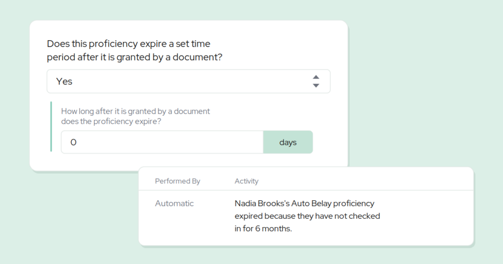 Capitan proficiency settings showing expiry after document approval, with an automatic activity log entry recording an expired belay certification