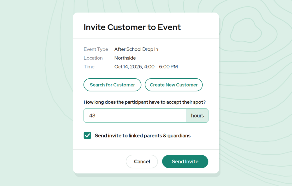 Youth climbing programs in Capitan: Invite Customer to Event dialog with parents and guardians invite selected